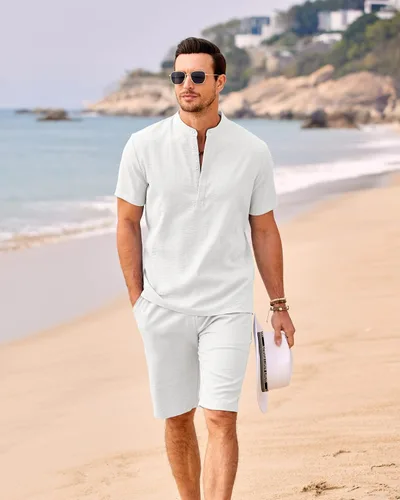Vista 3 de COOFANDY Conjunto de 2 piezas de lino para hombre, camisas Henley casuales de manga corta, pantalones cortos de yoga para la playa, pantalones