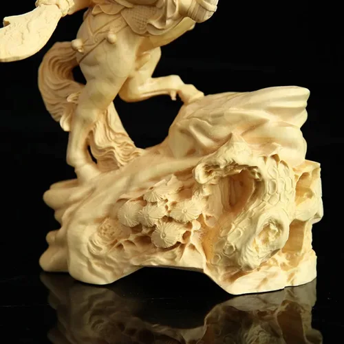 Vista 5 de Estatua de Guan Gong de madera tallada a mano, escultura de Feng Shui Dios de la riqueza Guan Yu para decoración del hogar y la oficina