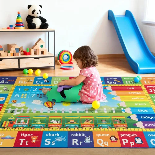 Vista 5 de ST. BRIDGE Alfombra Educativa para Niños para Sala de Juegos 3x5 Pies, Alfombra de Juego Antideslizante con Alfabeto ABC, Números y Animales