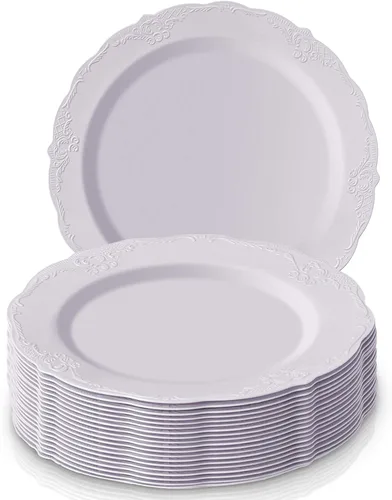 Vista 9 de Platos desechables de diseño vintage para postre para fiesta (10 piezas) Juego de vajilla desechable resistente de 7.5", platos de plástico