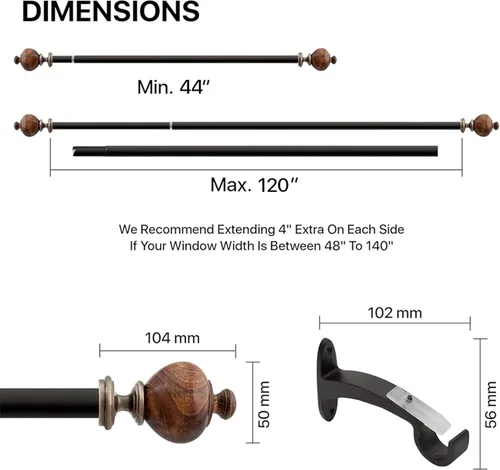 Vista 6 de Deco Window - Cortineros ajustables marrones para ventanas de 44 a 120 pulgadas, barras de cortina decorativas de alta resistencia de 1 pulgada