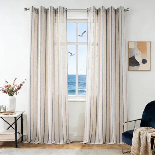 Vista 31 de DriftAway Cortinas de estilo granja con rayas verticales de lino mezclado texturizado con filtro de luz semitransparente para sala de estar