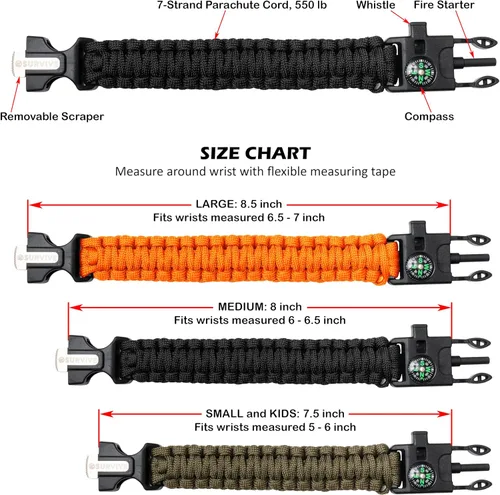 Vista 2 de SURVIVE Pulsera paracord, paquete de 2, kit de supervivencia para emergencias de senderismo, encendedor, brújula, silbato, 3 tamaños de muñeca negro