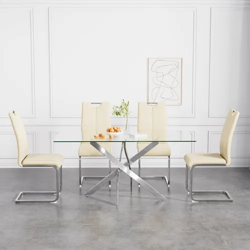 Vista 36 de Juego de mesa de comedor de 36 pulgadas para 4, moderna parte superior cuadrada de vidrio templado, mesa de patas de acero inoxidable con acabado