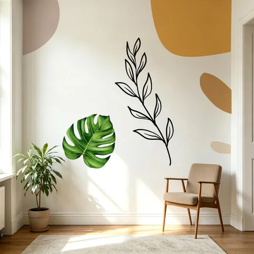Vista 18 de Calcomanías de Pared Bohemias de Mediados de Siglo Modernas Despegar y Pegar, Pegatinas de Vinilo de Pared de Arcos Grandes Sol, Hojas Plantas
