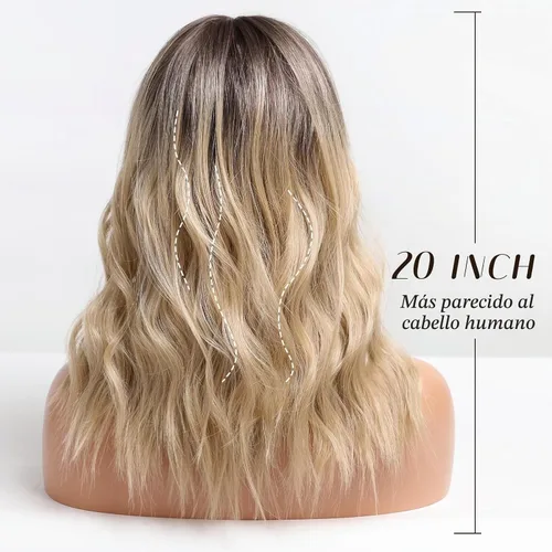 Vista 6 de HAIRCUBE Pelucas de color marrón a rubio con flequillo, pelucas sintéticas de cabello rizado, pelucas de cabello largo ondulado natural resistente