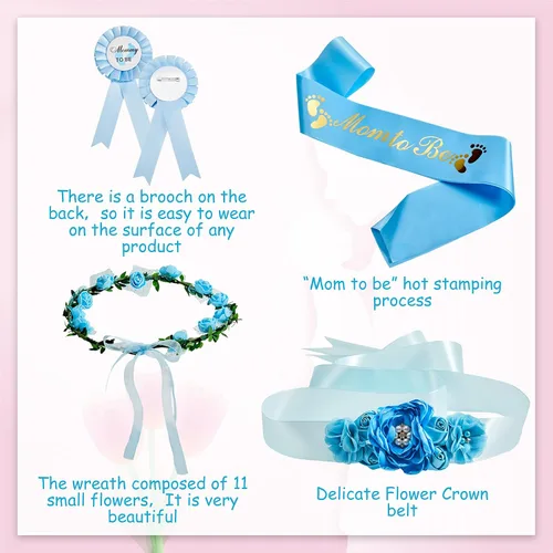 Vista 3 de Xinnun Kit de 5 bandas de maternidad para baby shower, banda de hombro y alfiler, corona de flores, corona de flores, banda para embarazo, tocado
