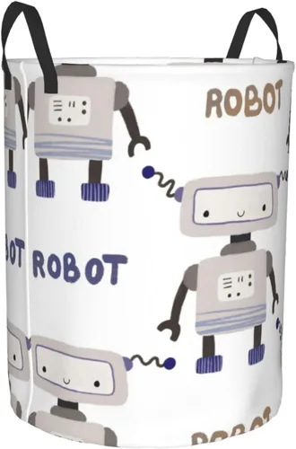 Vista 2 de Vintage Robots - Cesta de lavandería impermeable plegable con mango duradero, organizador de ropa sucia circular, cesta de almacenamiento