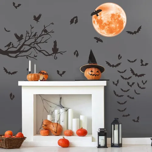 Vista 2 de Halloween Moon Wall Sticker Black Bat Wall Stickers Vinyl Crow Bird Tree Branch Wall Decals Removable Halloween Moon Bat Wall Decals Bats Window