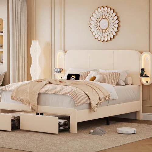 Vista 9 de Base de cama individual con cajones de almacenamiento y cabecera tapizada con estante lateral, marco de cama de terciopelo con luces LED, puerto USB