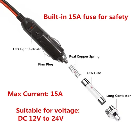 Vista 3 de Enchufe macho de encendedor de cigarrillos de repuesto para automóvil con cables - Adaptador de coche de 12 V 24 V Kit de cargador de batería de CC