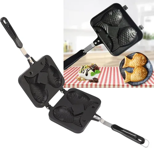 Vista 7 de Taiyaki Maker - Molde antiadherente para hacer pasteles calientes con forma de pez japonés, molde para waffle, molde doble para el hogar, bricolaje