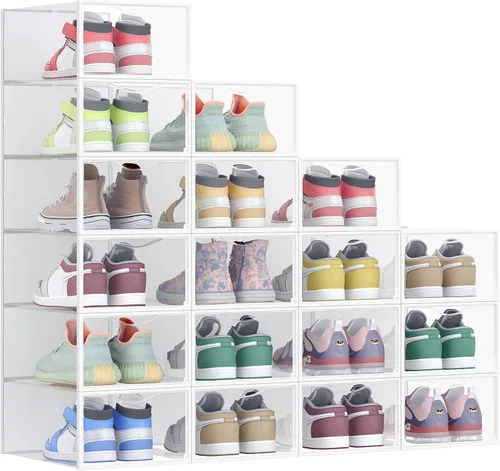 Vista 8 de SONGMICS Cajas de zapatos, organizador de almacenamiento de zapatos para armario, caja apilable de plástico para tenis, paquete de 12, transparente