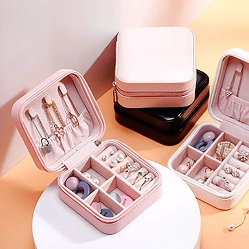 Vista 3 de Joyero pequeño de cuero, estuche portátil de viaje para anillos, colgantes, aretes, collares, organizador de pulseras, cajas de almacenamiento (rosa)