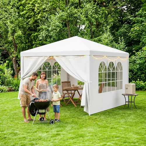 Vista 2 de LEMY Tienda de Fiesta, Carpa Gazebo para Exteriores de 10'x10' con Paredes Laterales Removibles y Ventanas, Tienda Blanca Resistente al Agua