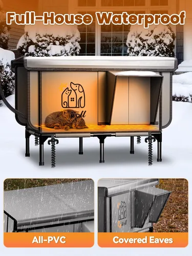 Vista 2 de Rywell Pro - Casa para gatos con calefacción para exteriores, refugio para gatos impermeable todo clima de PVC con marco reforzado, casa elevada