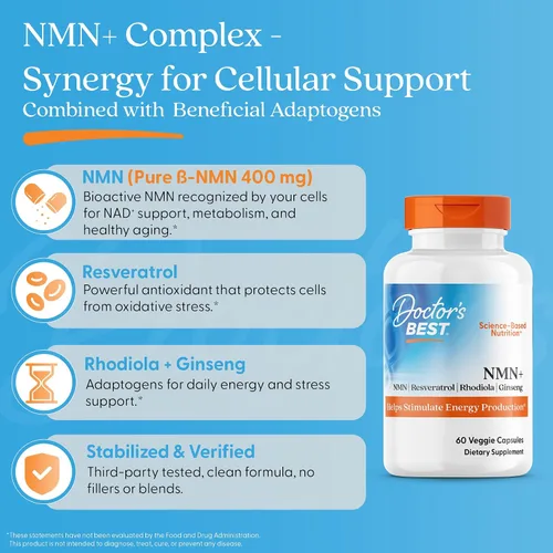 Vista 5 de Doctor's Best Cápsulas de suplemento complejo NMN+ para mujeres y hombres - Apoya la producción de NAD+, resveratrol 100 mg y beta nicotinamida
