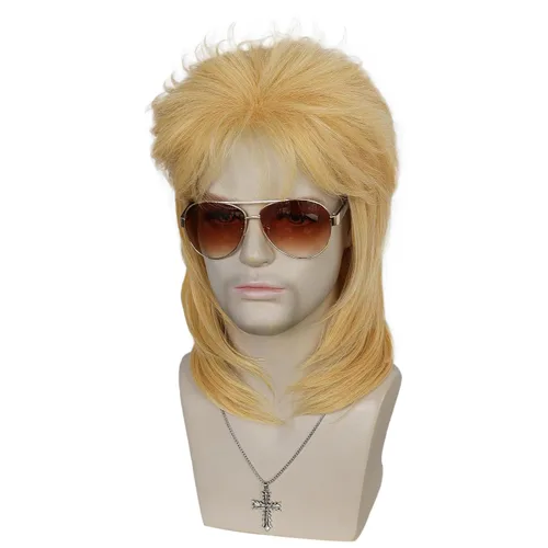 Vista 2 de Anogol Gorro de pelo + juego de 3 piezas (1 gafas + 1 collar), pelucas rubias de salmonete para hombres, peluca de los años 70 y 80 para fiesta