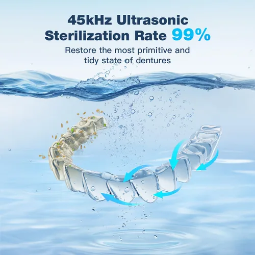 Vista 2 de Limpiador ultrasónico de retenedor, limpiador ultrasónico de 45 kHz, limpieza de 360° para dentaduras, alineador, protector bucal, joyas, frenos