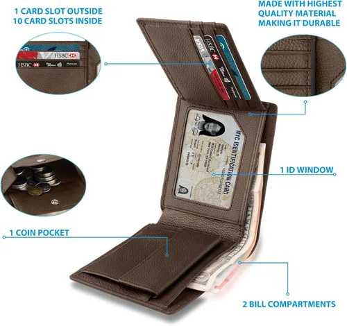 Vista 2 de doeboe Billetera triple con bolsillo para monedas, billetera Airtag con bloqueo RFID, cartera para tarjetas de crédito para hombre, de piel