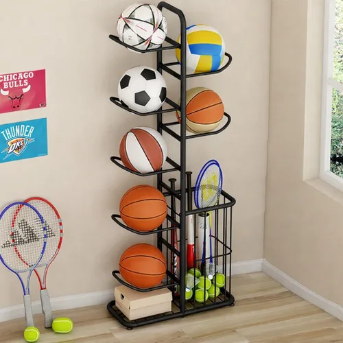 Vista 3 de Estante de almacenamiento para equipos deportivos de 7 bolas con soporte para pelotas y estante de baloncesto, organizador de equipo atlético