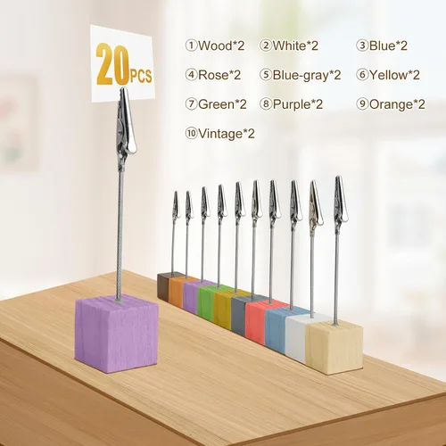 Vista 3 de JINGIHE 20 soportes para números de mesa con base de cubo, soporte de clips de notas de madera con clip de cocodrilo, colorido soporte para notas