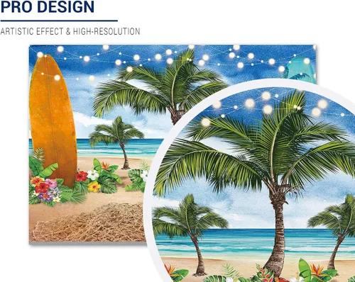 Vista 2 de Allenjoy Fondo de fotografía de verano para playa, océano, cielo azul, tabla de surf, palmeras tropicales, Luau para niños y niñas, decoración
