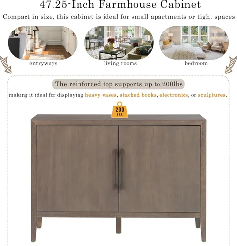 Vista 6 de Merax Aparador de buffet de madera rústica moderna con estante de almacenamiento, 2 puertas, cafetería, bar, soporte de TV para dormitorio, sala