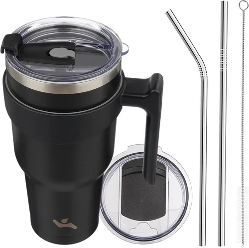 Vista 70 de Konokyo - Vaso de 10 onzas con asa y 2 popotes, 2 tapas, botella de agua aislada de acero inoxidable, taza de viaje reutilizable, color verde militar