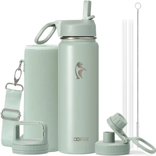 Vista 77 de Coolflask Botella de agua de 24 onzas aislada con pajilla, 3 tapas de metal de acero inoxidable, botella de agua de boca ancha para deportes u