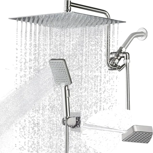 Vista 14 de Cabezal de ducha de 8 pulgadas para California con combo de mano, brazo de extensión de 12 pulgadas de altura ajustable, cabezal de ducha de acero