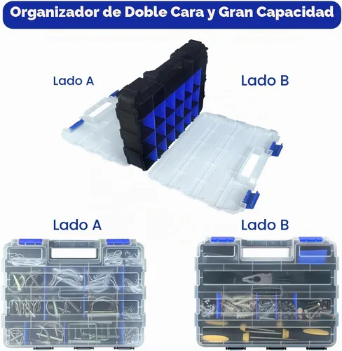 Vista 5 de Caja organizadora de herramientas, caja de almacenamiento de piezas pequeñas, 50 compartimentos, organizadores de hardware de doble cara
