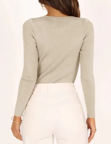 Vista 4 de ZESICA Camisetas de manga larga con cuello redondo para mujer, para otoño, de punto acanalado, ajustadas, casuales, color sólido, básicas