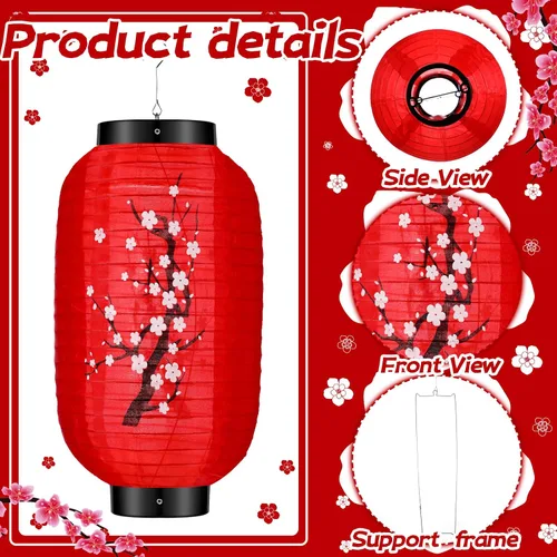 Vista 3 de Riakrum 12 faroles colgantes tradicionales japoneses de flores de ciruelo, faroles de papel blanco y rojo, faroles japoneses para decoración