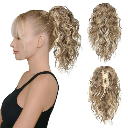 Vista 19 de Flufymooz Extensión de cola de caballo, extensión de cola de caballo corta de 12 pulgadas con pinza de garra, cabello ondulado rizado, clip