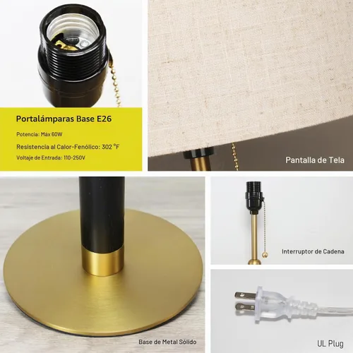 Vista 7 de Lámpara de mesa moderna de mediados de siglo de 21 pulgadas con interruptor de cadena de tracción, lámparas de noche de luz de 3 colores para Marrón