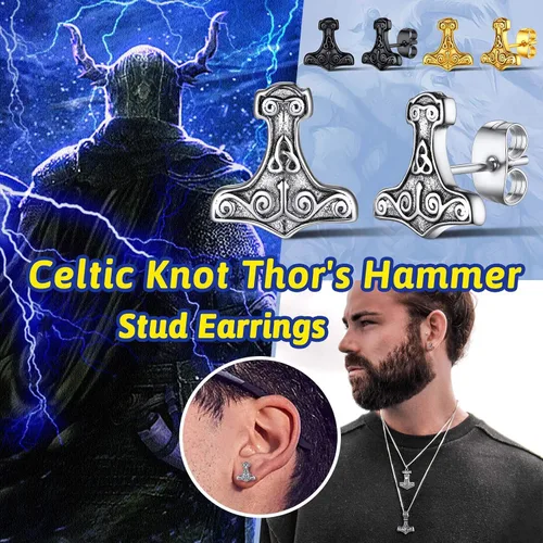 Vista 2 de FaithHeart Norse Vikingo Jewelry - Aretes de tuerca de plata de ley de acero inoxidable, lobo celtamartillo de Thors para mujeres y hombres, Acero