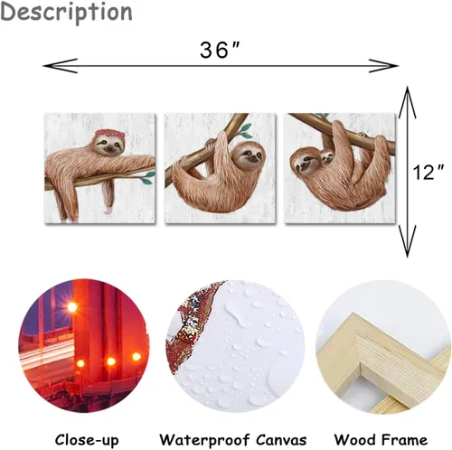 Vista 6 de Artmyharbor Lienzo con estampado de perezoso para bebé, divertido arte de pared de animales, decoración de guardería, imágenes de habitación