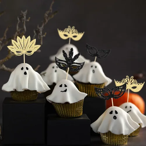 Vista 5 de 24 máscaras de mascarada, adornos para cupcakes, color negro y dorado con purpurina para despedida de soltera, para fiestas de cumpleaños, fiestas