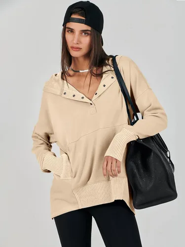 Vista 3 de ANRABESS Sudadera casual con botones y cuello en V para mujer, sudadera de gran tamaño con capucha y bolsillos