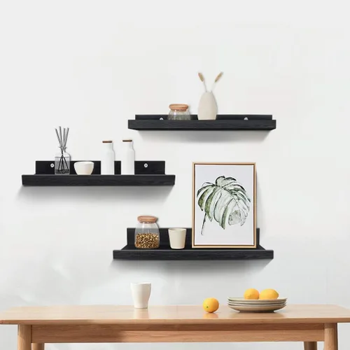 Vista 2 de Lavezee Juego de 3 estantes flotantes montados en la pared de 24 pulgadas, color negro, repisa para cocina, sala de estar, dormitorio, oficina