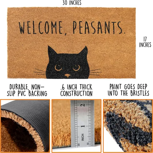 Vista 2 de Felpudo de bienvenida con diseño de campesinos y gatos de 30 x 17 pulgadas, divertido tapete de puerta de gato negro para áreas cubiertas, divertido