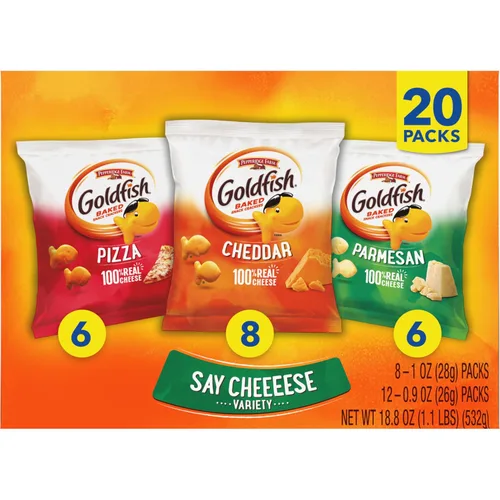 Vista 8 de Goldfish Crackers Say Cheeeese - Paquete variado con queso cheddar, pizza y parmesano, paquetes de aperitivos, 20 unidades (paquete de 2)