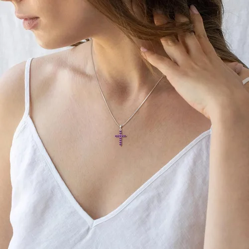 Vista 2 de STARCHENIE Collar de cruz de plata de ley con colgante de crucifijo con piedras preciosas para mujer