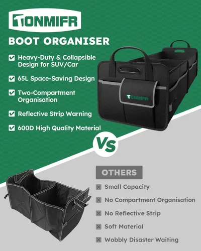 Vista 4 de Organizador de maletero de 2 compartimentos y caja de almacenamiento multicompartimentos de Oxford 600D impermeable, con tiras reflectantes y 8