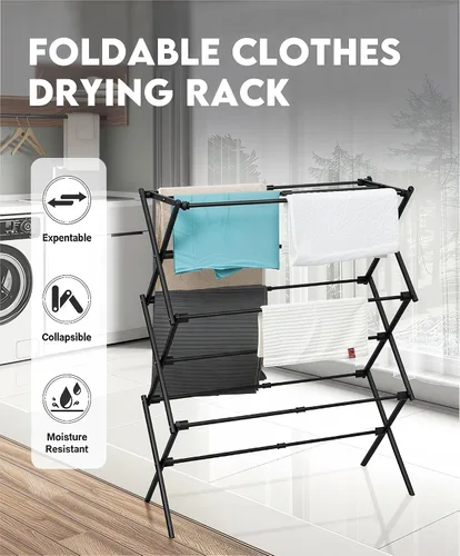 Vista 2 de Estante de Secado de Ropa Plegable de Metal de 3 Niveles, Perchero de Ropa para Secar Percheros Plegables para la Lavandería Para