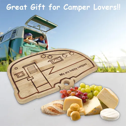 Vista 8 de Tabla grande de corte de bambú Happy Camper, cubierta de estufa de madera para RV, tabla de cortar carne para barbacoa, tabla de cortar para pavo