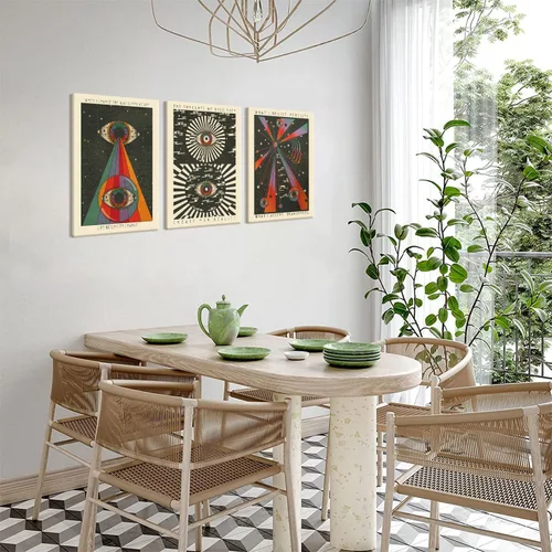 Vista 6 de Juego de 3 lienzos enmarcados de estilo retro hippie para pared, meditación, psique delicados, arte en lienzo bohemio de los años 70