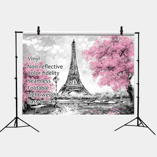 Vista 3 de Telones de fondo de la Torre Eiffel de París de 9 x 6 pies para fotografía, flores rosas, árboles, amantes de la foto, accesorios de estudio de boda