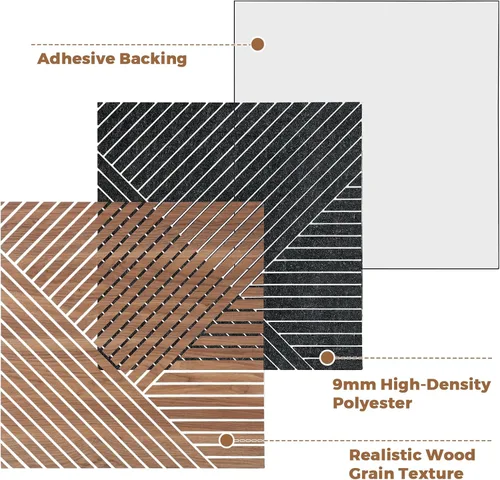 Vista 2 de Paneles de pared acústicos 3D autoadhesivos para despegar y pegar, paquete de 8 paneles insonorizados con patrón de madera autoadhesivos de 23.6 x